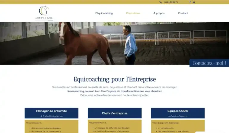 Page Prestations du site Galop Conseil : coach face à un cheval dans un manège et offres d’equicoaching pour managers, chefs d’entreprise et CODIR