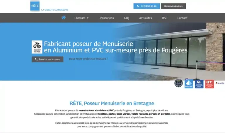 Page d’accueil du site Rête Menuiserie, fabricant poseur de menuiseries alu et PVC près de Fougères, réalisé par Hidéo